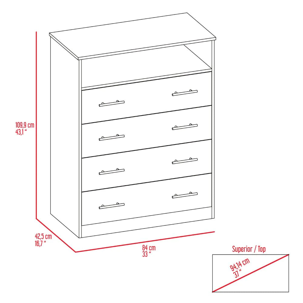 "Stylish and Functional Four Drawer Dresser Wuju with Shelf - Elegant Light Gray and White Finish"