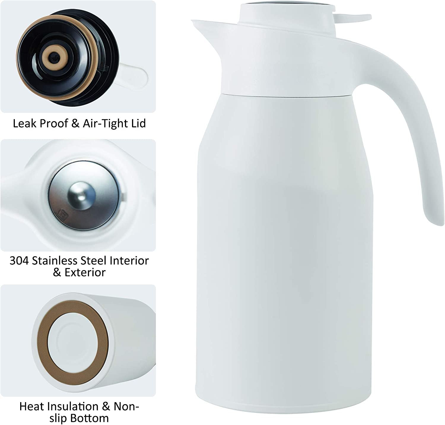 "Stay Hot and Stylish with Our 40 OZ Thermal Coffee Carafe - Stainless Steel Vacuum Thermos with Temperature Display Lid, 12 Hour Heat Retention, and Water & Beverage Dispenser in Elegant White"