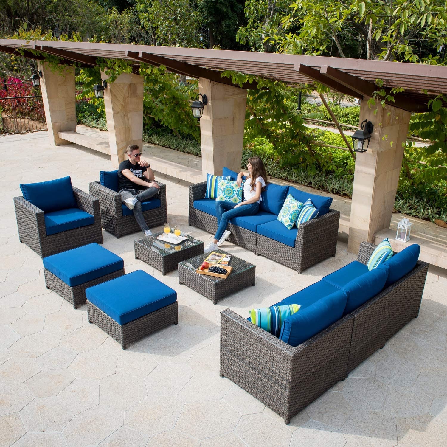 "Ultimate Outdoor Luxury: 12-Piece Patio Furniture Set with Stylish Design, No Assembly Needed, All-Weather Wicker, Aluminum Frame, Includes 4 Pillows and 2 Furniture Covers - Grey Wicker with Navy Blue Accents"