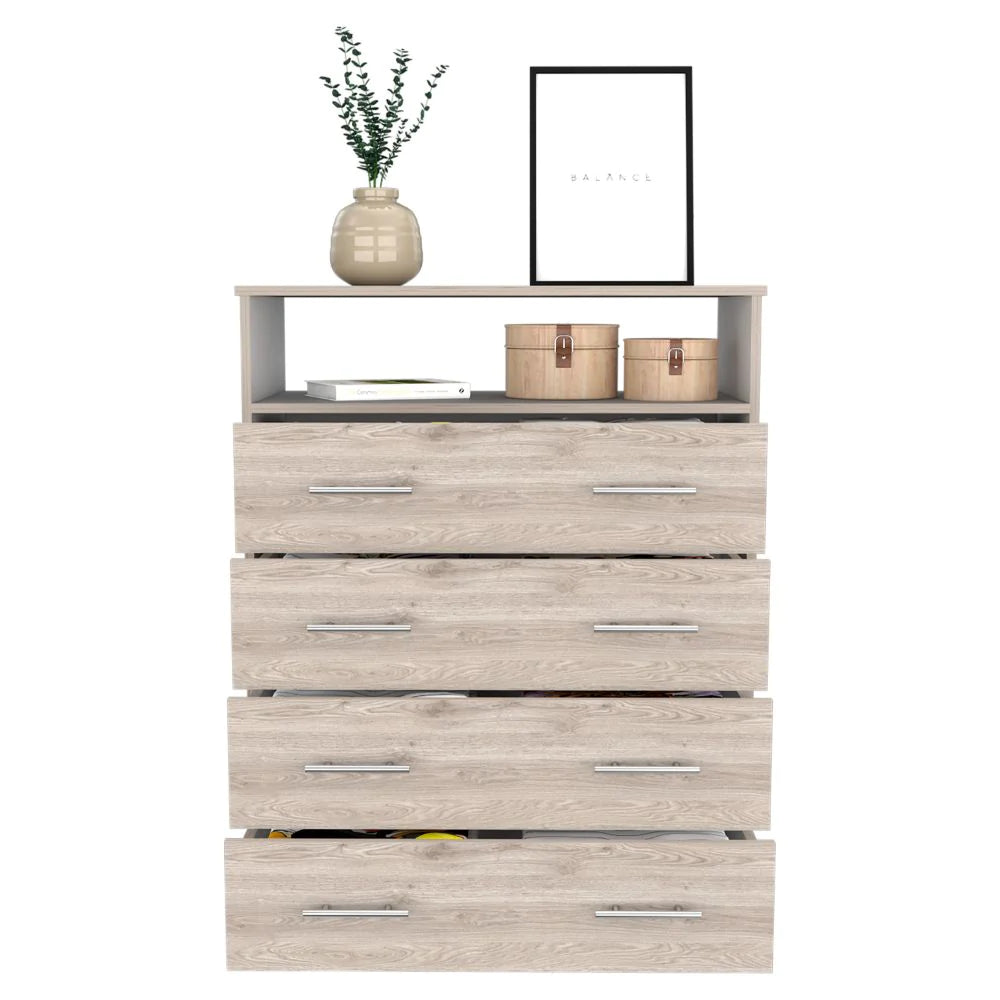 "Stylish and Functional Four Drawer Dresser Wuju with Shelf - Elegant Light Gray and White Finish"