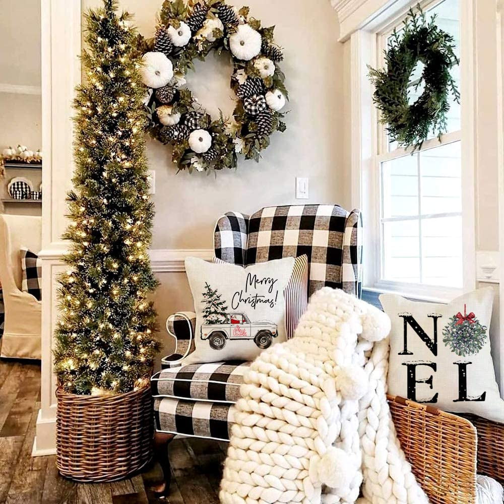 Christmas Pillow Covers 16X16 Set of 4, Home Noel Truck Christmas Tree Rustic Winter Holiday Throw Pillows Farmhouse Christmas Decor for Home, Xmas Decorations Cushion Cases for Couch A311-16