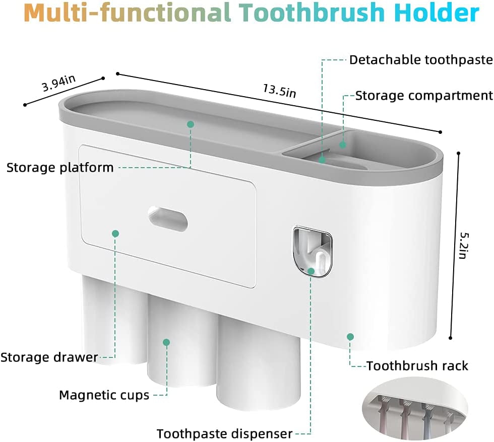 "Convenient Toothbrush Holder with Automatic Toothpaste Dispenser and Magnetic Cup - Perfect Bathroom Organizer for Kids - Grey"