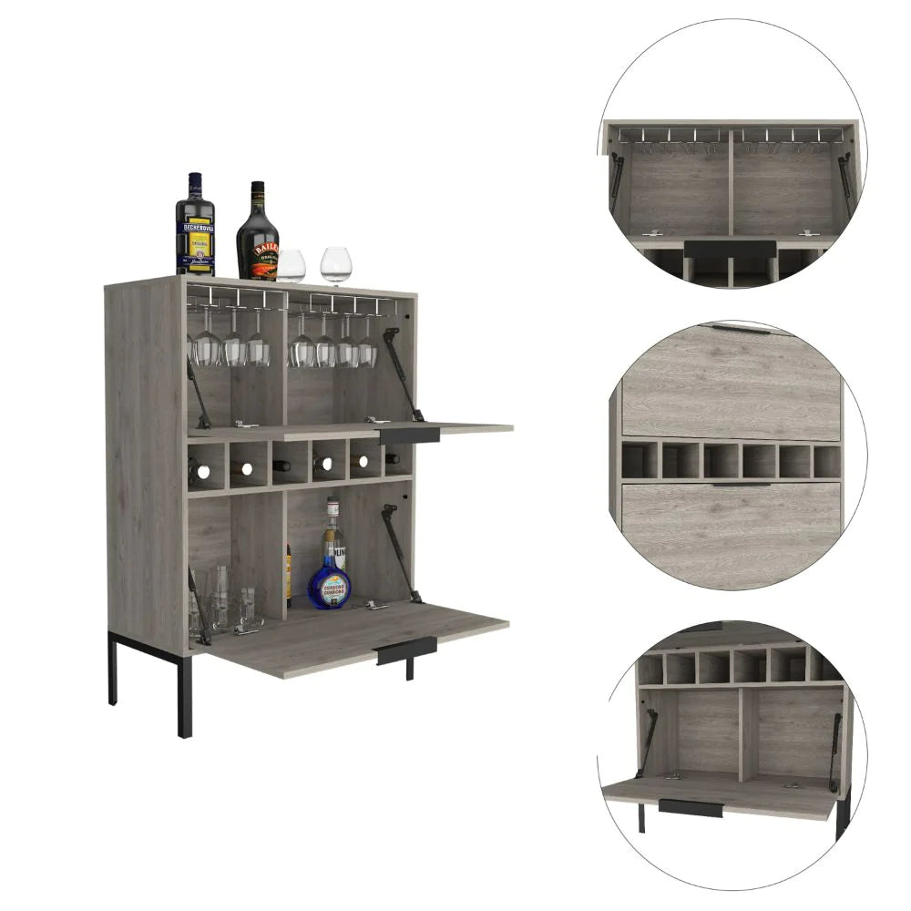 "Stylish Bar Cabinet with Wine Cubbies and Double Door Cabinet in Light Gray Finish - Puertu Collection"