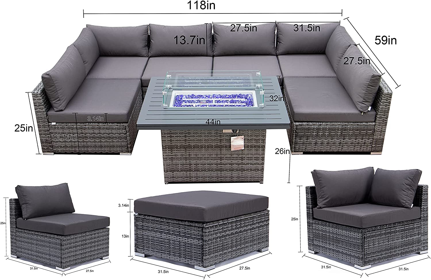 "Ultimate Outdoor Oasis: 7 Piece Wicker Patio Set with CSA Approved Fire Pit Table - Complete with Sectional, Ottoman, and Corner Seat - Grey, 7Pcs"