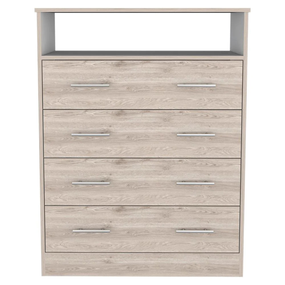 "Stylish and Functional Four Drawer Dresser Wuju with Shelf - Elegant Light Gray and White Finish"