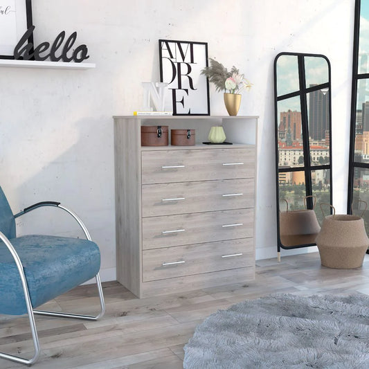 "Stylish and Functional Four Drawer Dresser Wuju with Shelf - Elegant Light Gray and White Finish"