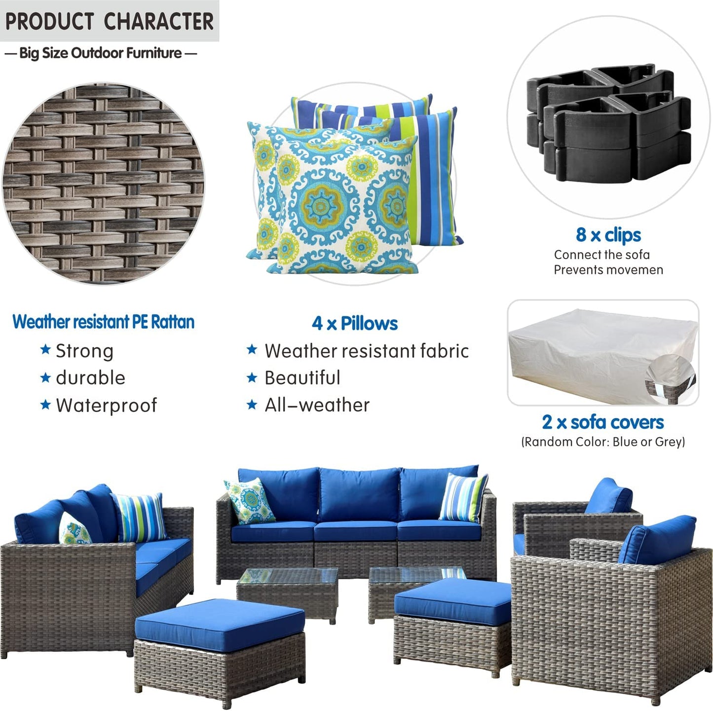 "Ultimate Outdoor Luxury: 12-Piece Patio Furniture Set with Stylish Design, No Assembly Needed, All-Weather Wicker, Aluminum Frame, Includes 4 Pillows and 2 Furniture Covers - Grey Wicker with Navy Blue Accents"