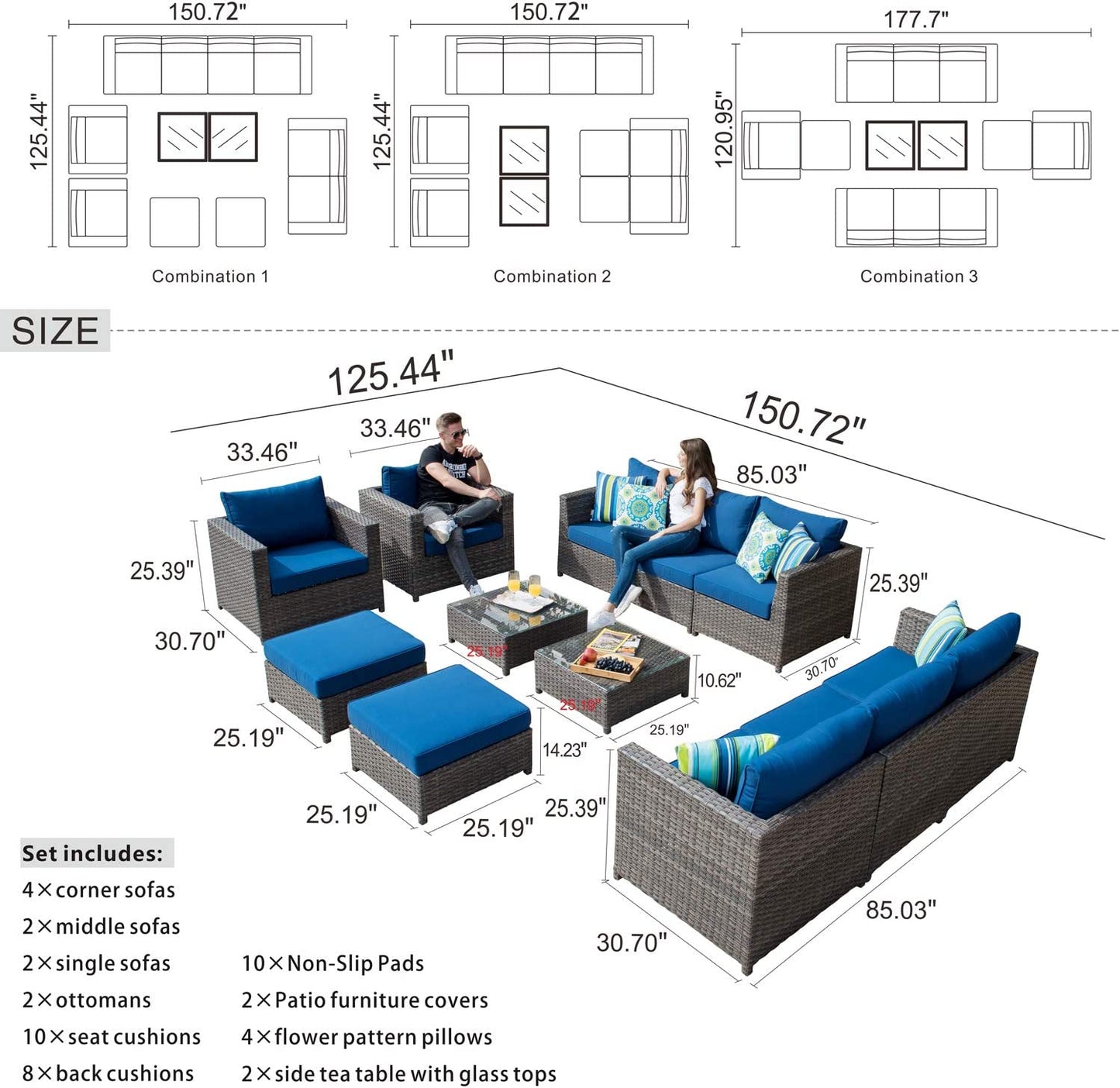 "Ultimate Outdoor Luxury: 12-Piece Patio Furniture Set with Stylish Design, No Assembly Needed, All-Weather Wicker, Aluminum Frame, Includes 4 Pillows and 2 Furniture Covers - Grey Wicker with Navy Blue Accents"