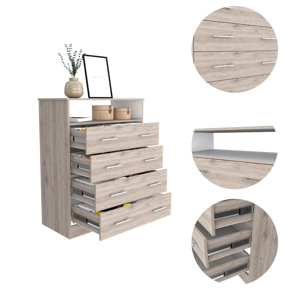 "Stylish and Functional Four Drawer Dresser Wuju with Shelf - Elegant Light Gray and White Finish"