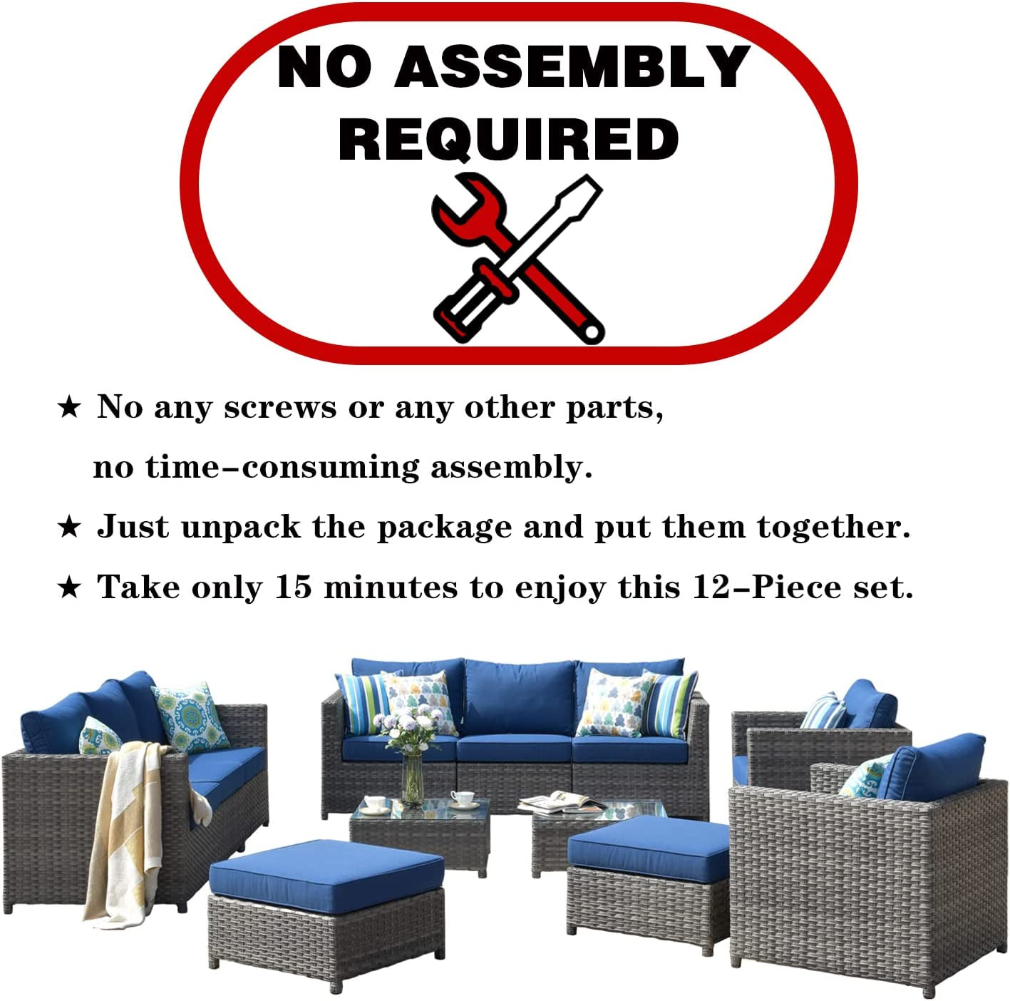 "Ultimate Outdoor Luxury: 12-Piece Patio Furniture Set with Stylish Design, No Assembly Needed, All-Weather Wicker, Aluminum Frame, Includes 4 Pillows and 2 Furniture Covers - Grey Wicker with Navy Blue Accents"