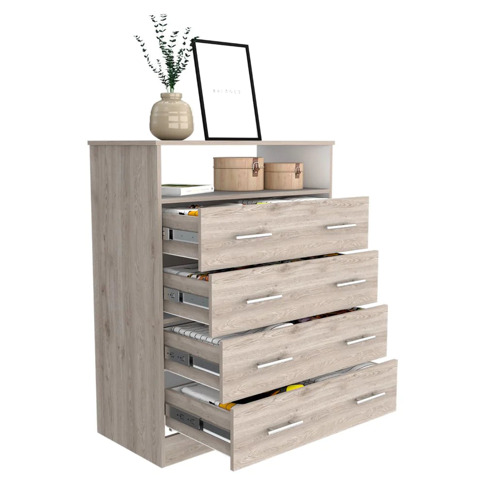 "Stylish and Functional Four Drawer Dresser Wuju with Shelf - Elegant Light Gray and White Finish"