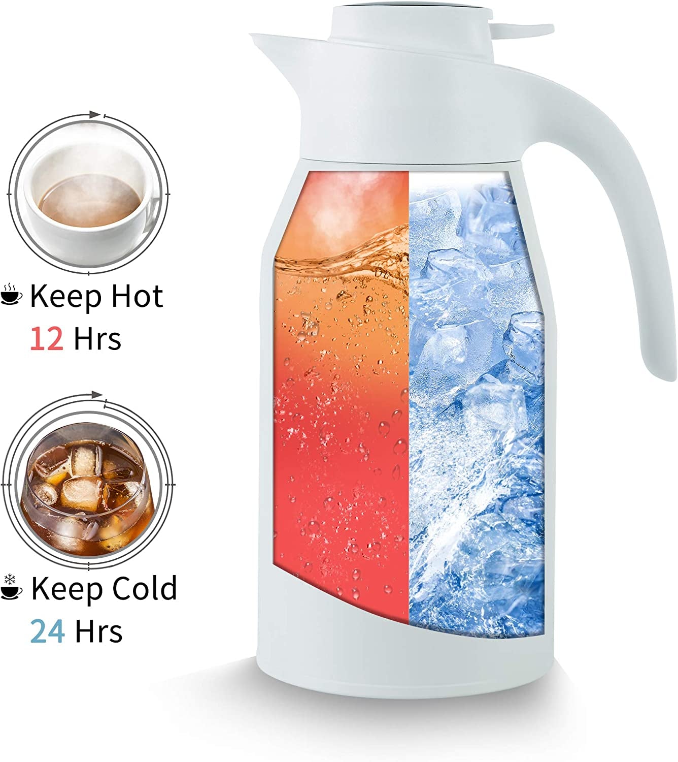 "Stay Hot and Stylish with Our 40 OZ Thermal Coffee Carafe - Stainless Steel Vacuum Thermos with Temperature Display Lid, 12 Hour Heat Retention, and Water & Beverage Dispenser in Elegant White"