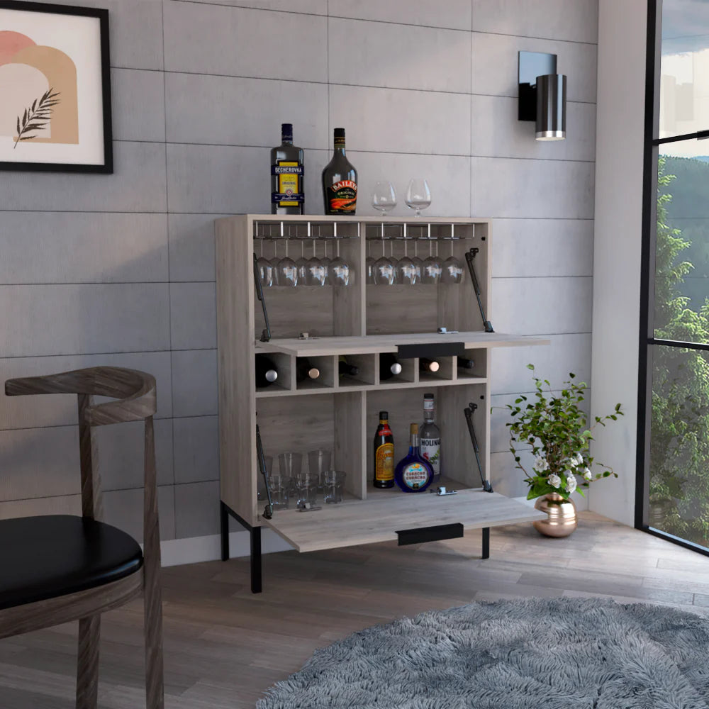 "Stylish Bar Cabinet with Wine Cubbies and Double Door Cabinet in Light Gray Finish - Puertu Collection"