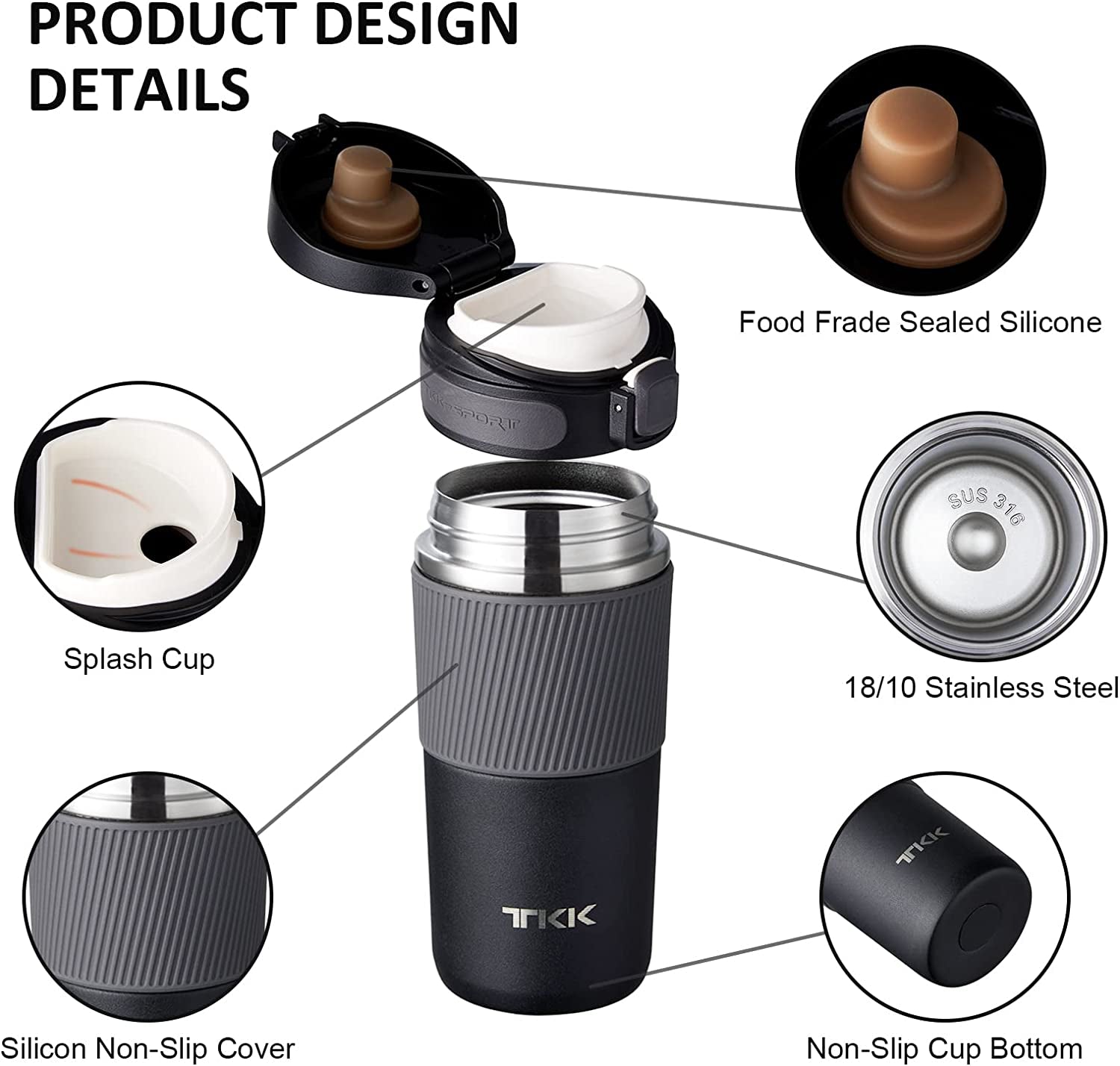 "Stay Hot on the Go: Leak-Proof Insulated Coffee Travel Mug with Thermos Technology - 15 Oz, Sleek Black Design"