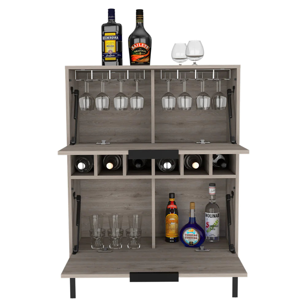 "Stylish Bar Cabinet with Wine Cubbies and Double Door Cabinet in Light Gray Finish - Puertu Collection"