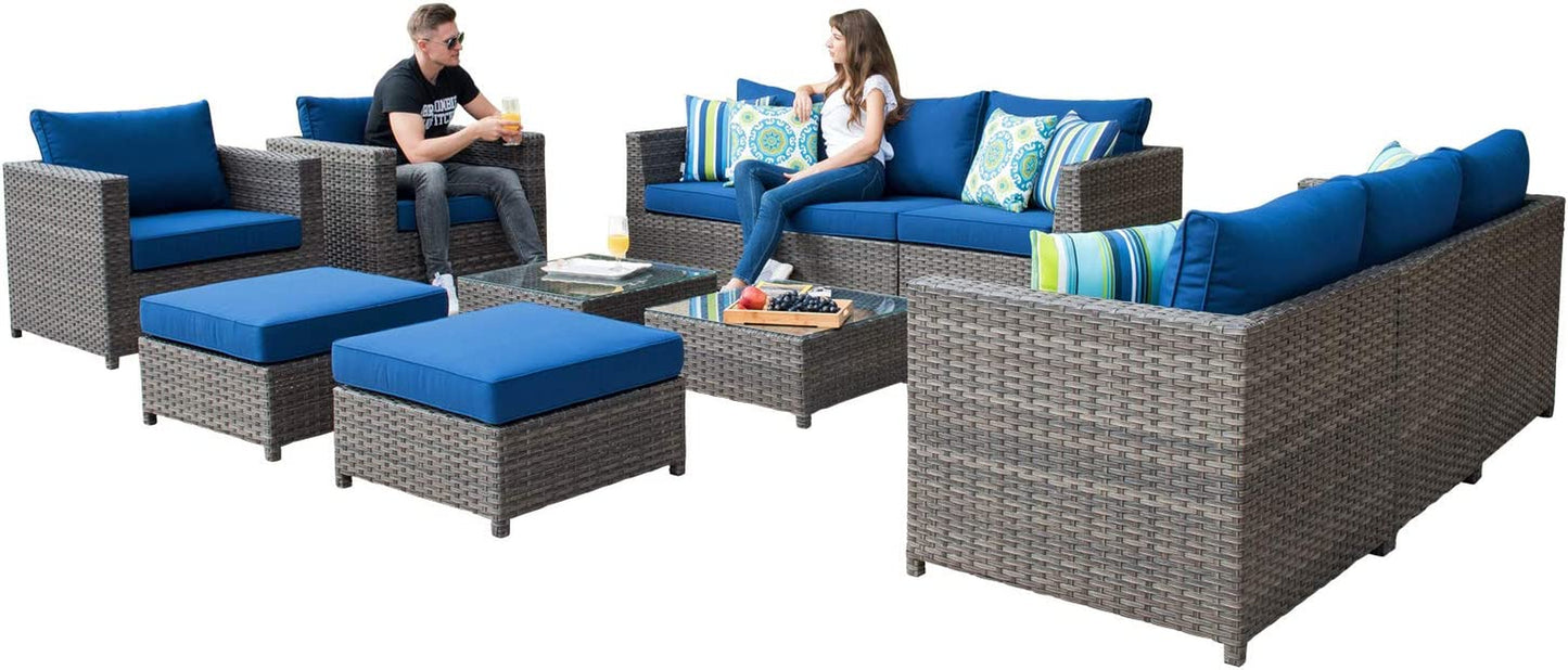 "Ultimate Outdoor Luxury: 12-Piece Patio Furniture Set with Stylish Design, No Assembly Needed, All-Weather Wicker, Aluminum Frame, Includes 4 Pillows and 2 Furniture Covers - Grey Wicker with Navy Blue Accents"