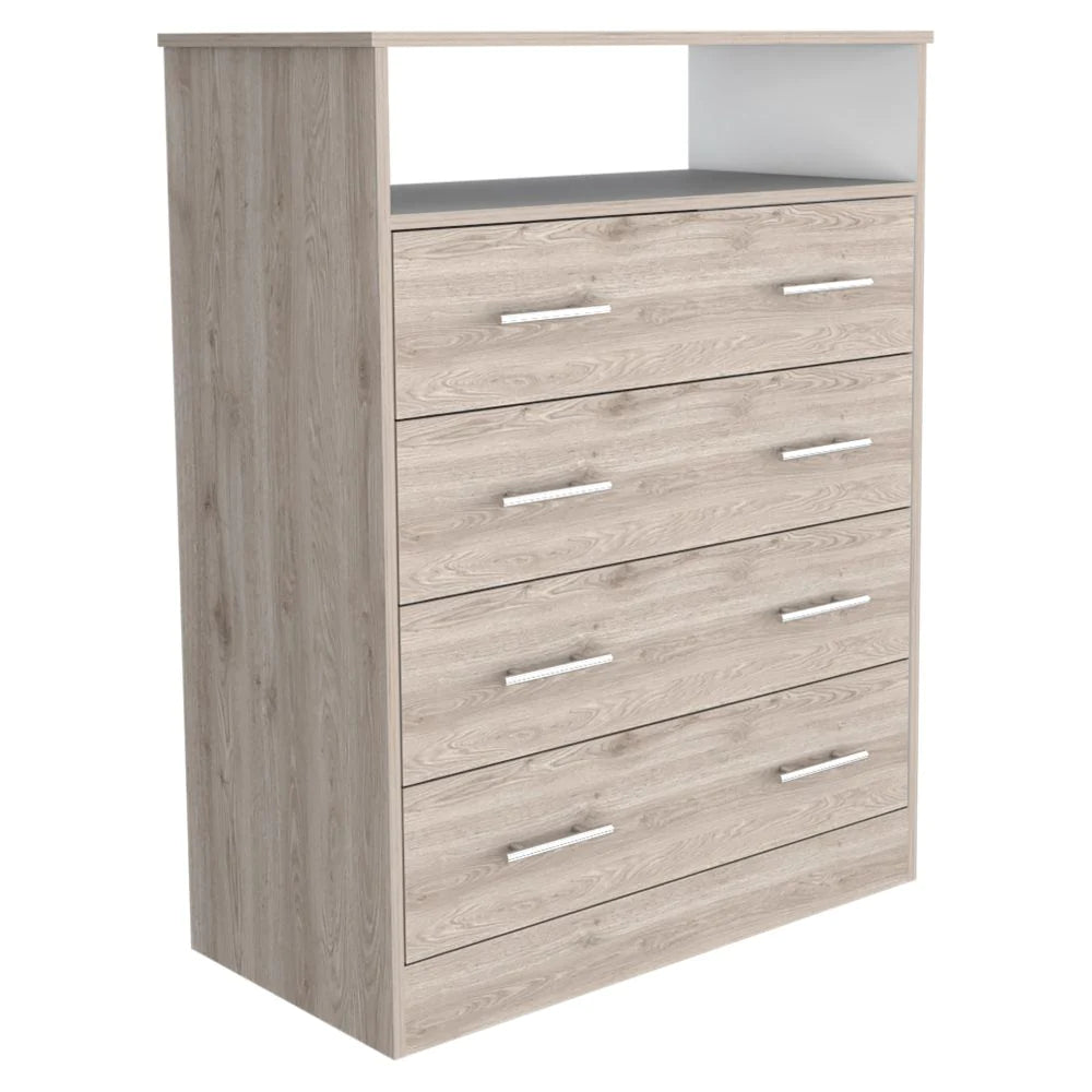 "Stylish and Functional Four Drawer Dresser Wuju with Shelf - Elegant Light Gray and White Finish"