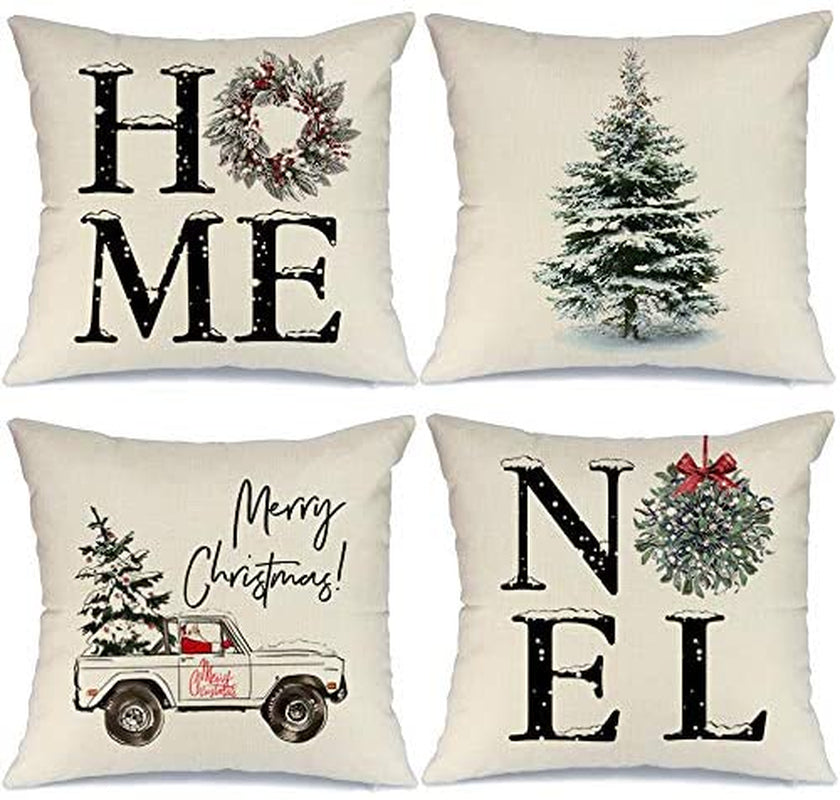 Christmas Pillow Covers 16X16 Set of 4, Home Noel Truck Christmas Tree Rustic Winter Holiday Throw Pillows Farmhouse Christmas Decor for Home, Xmas Decorations Cushion Cases for Couch A311-16