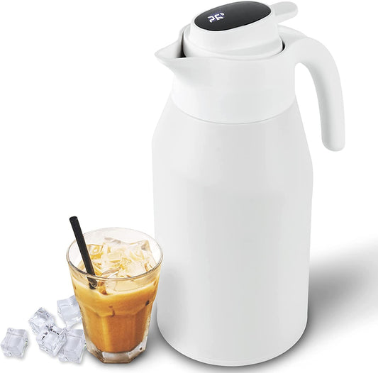 "Stay Hot and Stylish with Our 40 OZ Thermal Coffee Carafe - Stainless Steel Vacuum Thermos with Temperature Display Lid, 12 Hour Heat Retention, and Water & Beverage Dispenser in Elegant White"