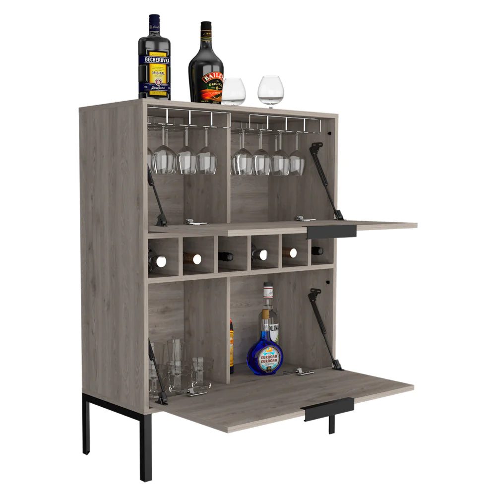 "Stylish Bar Cabinet with Wine Cubbies and Double Door Cabinet in Light Gray Finish - Puertu Collection"
