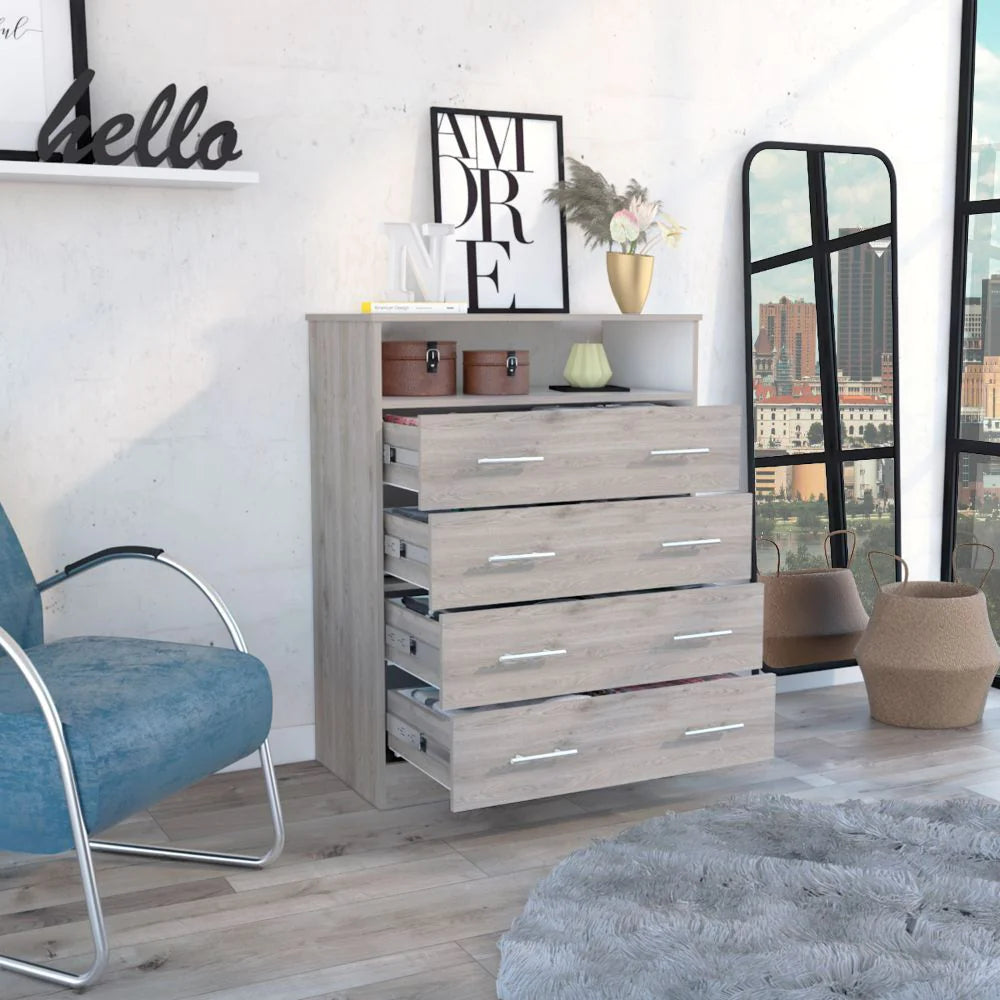 "Stylish and Functional Four Drawer Dresser Wuju with Shelf - Elegant Light Gray and White Finish"